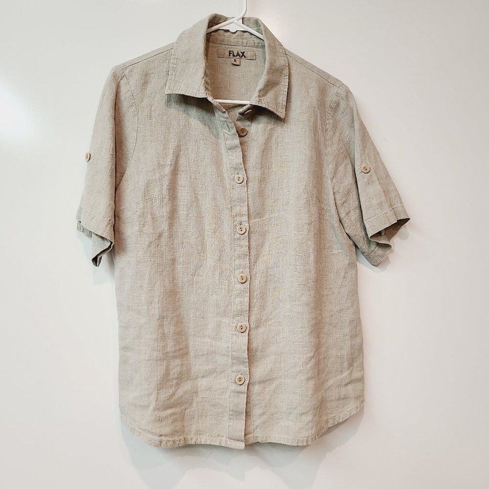 FLAX Linen Tan Short Sleeve Button Down Vacation Shirt Womens Small